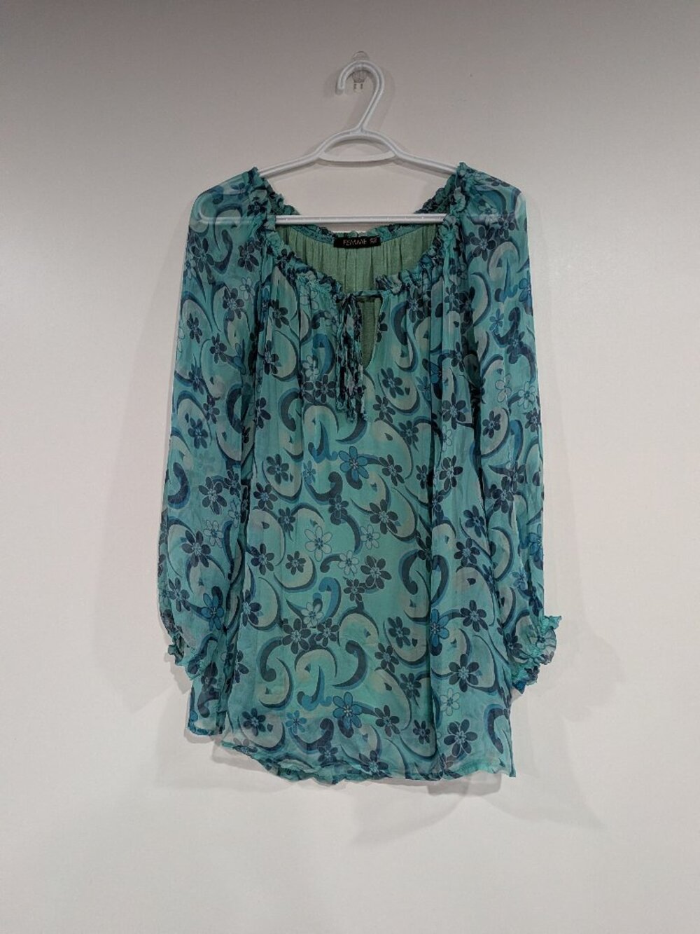 Femme Floral Sheer 100% Silk Peasant Blouse Turquoise Size Medium